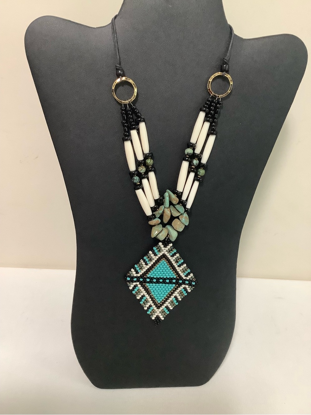 Turquoise & White Beaded Statement Necklace - Women